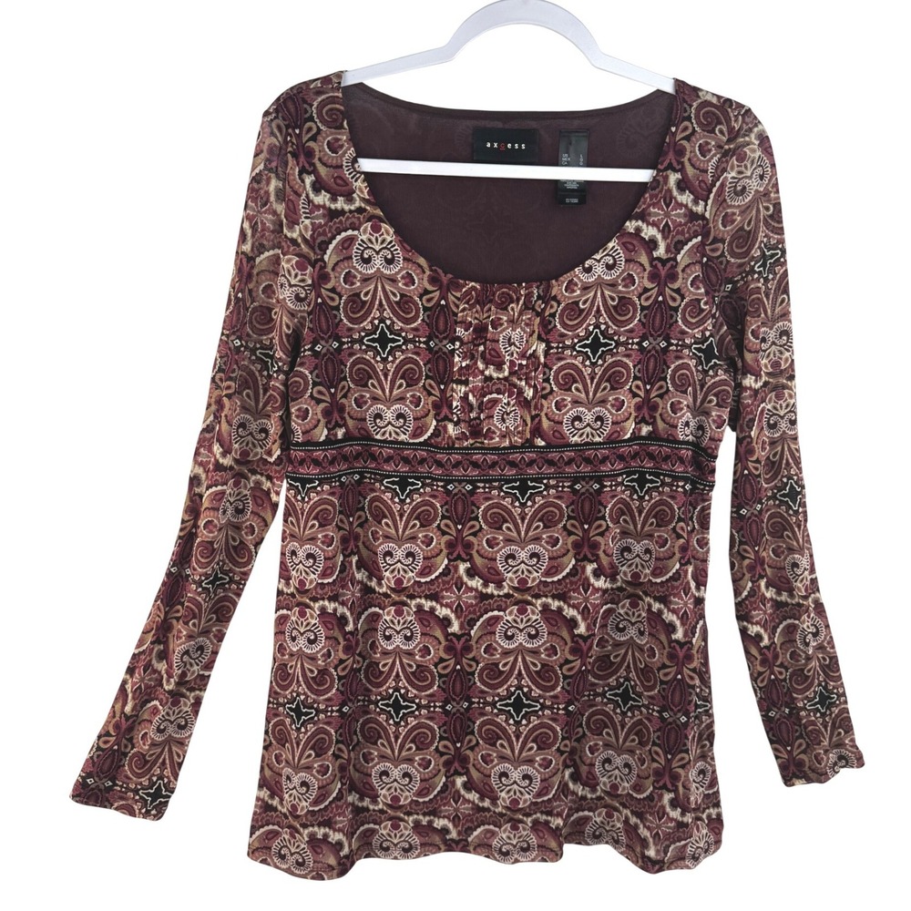 Axcess Womens Long Sleeve Empire Waist Paisley Mesh Top Burgundy Plum Large